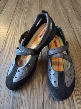 ECCO Leather Dual-Strap Mary Jane Comfort Shoes - Black/Grey US 7.5/US 38